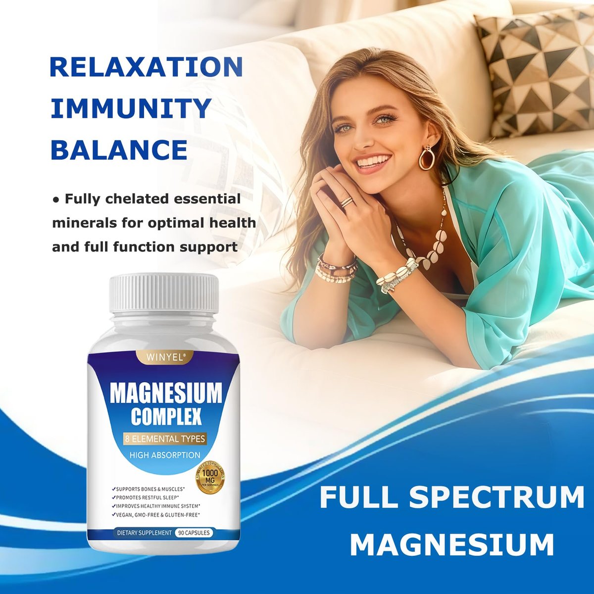 WINYEL Magnesium Komplex 1000mg – 8 Elementare Magnesiumformen mit Glycinat, Malat, Citrat – Vegan, 90 Kapseln für Schlaf, Entspannung, Knochen & Muskeln