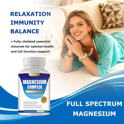 WINYEL Magnesium Komplex 1000mg – 8 Elementare Magnesiumformen mit Glycinat, Malat, Citrat – Vegan, 90 Kapseln für Schlaf, Entspannung, Knochen & Muskeln