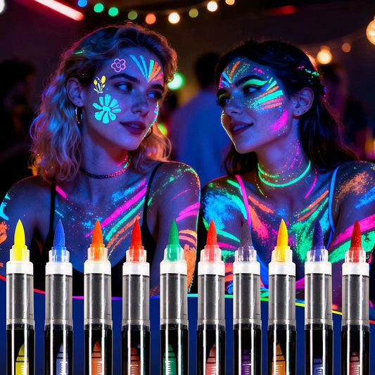 Oiomniv Glow in The Dark Gesichtsfarbmarker, 10 Farben UV Neon Körperbemalungsstifte, wasserfest & hautsicher, abwaschbare temporäre Tattoo-Stifte für Halloween, Musikfestivals, Partys