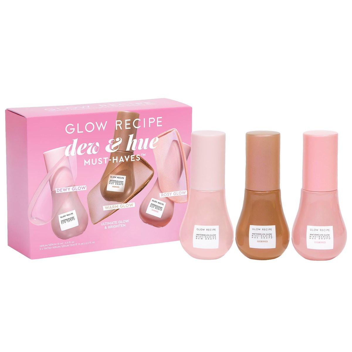 Glow Recipe Hautpflege-Set, Dew & Hues Must-Haves – Limited Edition Reisegröße Geschenkset mit Niacinamide Dew Drops, Hue Drops Sun Glow & Rosy Glow (15ml Trio)