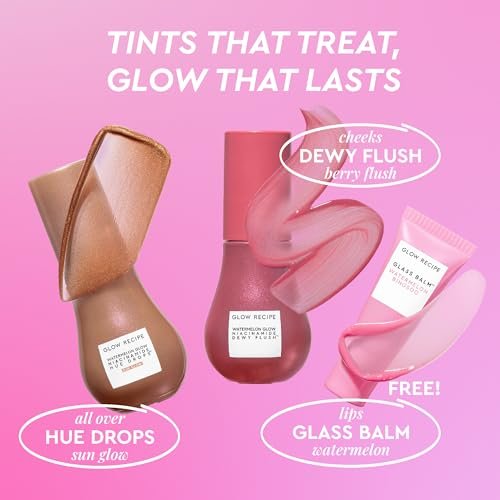Glow Recipe Best of Glow Hues Kit – Reiseset mit Hue Drops Sun Glow, Dewy Flush Blush & Glass Balm Lippenpflege (3-teilig)
