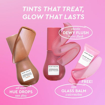 Glow Recipe Best of Glow Hues Kit – Reiseset mit Hue Drops Sun Glow, Dewy Flush Blush & Glass Balm Lippenpflege (3-teilig)