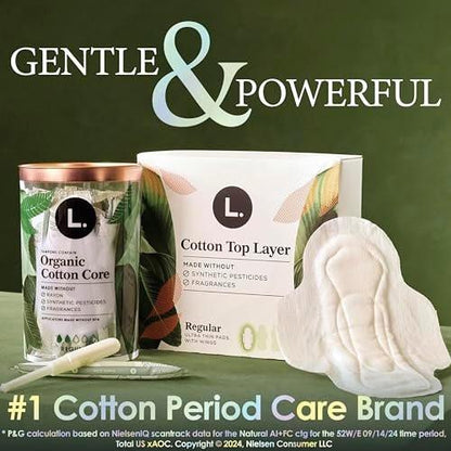 L. Ultra Dünne Binden für Frauen mit Bio-Baumwoll-Oberlage, Über-Nacht-Saugfähigkeit, Menstruationsbinden mit Flügeln, ohne synthetische Pestizide und Duftstoffe, 36 Stück