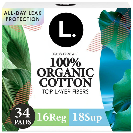 L. Ultra Dünne Bio-Baumwoll-Binden für Frauen, Regular + Super Duo-Pack, Menstruationsbinden mit Flügeln, ohne synthetische Pestizide und Duftstoffe, 34 Stück