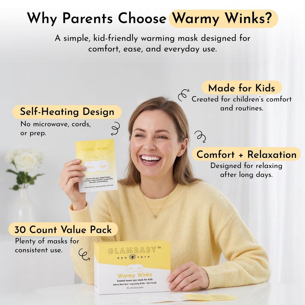 GlamBaby Warmy Winks Selbstheizende Augenmaske für Kinder – Wärmekompresse bei trockenen Augen, Reizungen & Schwellungen – Einweg-Augenmaske zur Linderung & Entspannung (30 Einzelportionen)
