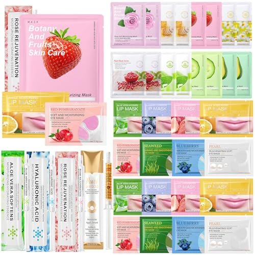 Geschenke für Frauen Gesichtsmaske Hautpflegeset 36 Stück Feuchtigkeitsspendendes Hydratisierendes Gesichtsmasken Set für Teenager Mädchen Spa Set Selbstpflege Valentinstag Muttertag Geburtstag (Gesichtsmasken, Lippen- und Augenpflaster, Gesichtsserum)