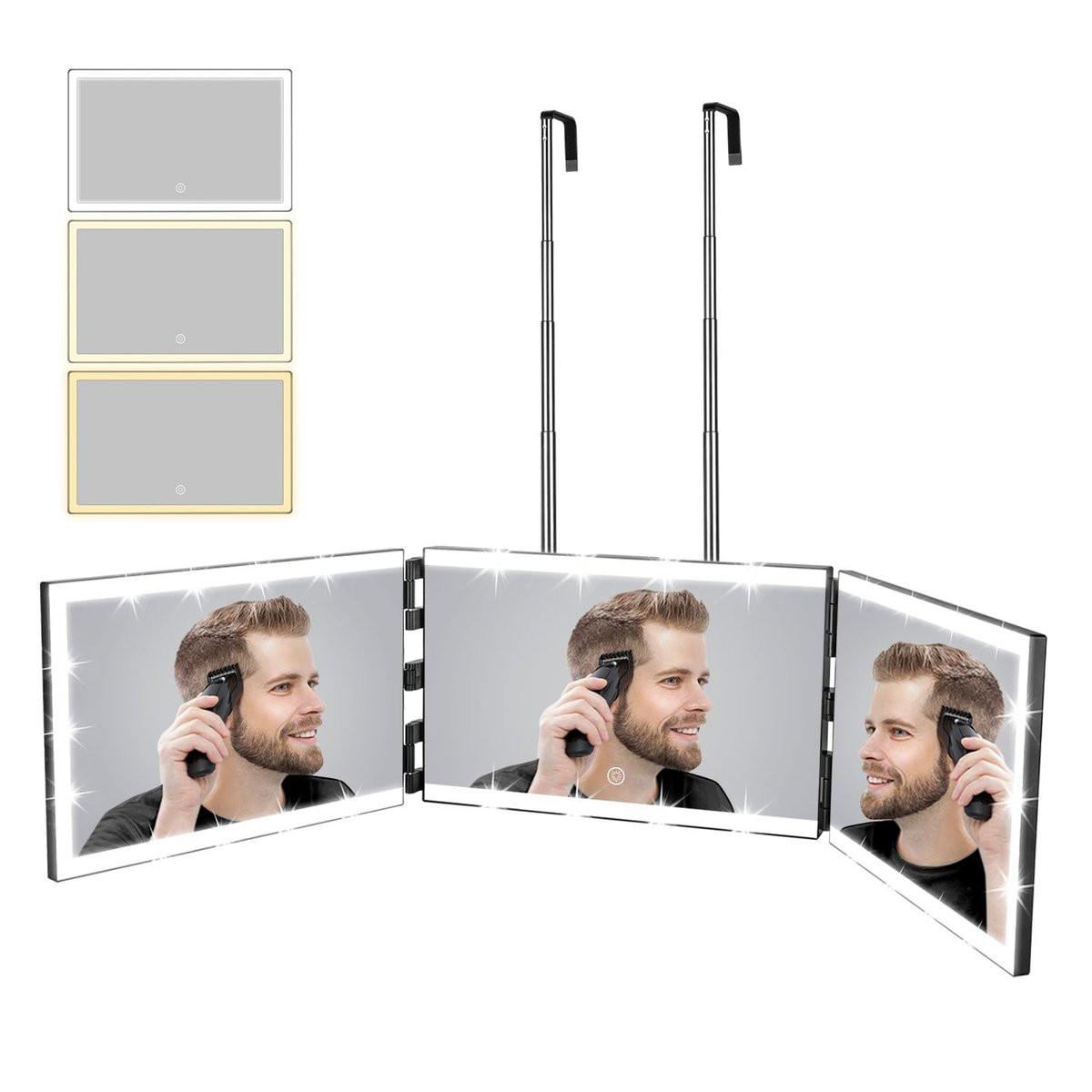XIGETRAIL Wiederaufladbarer 3-Wege-Spiegel für Selbsthaarschnitt mit 8 Lichtstreifen & Teleskophaken – Trifold Barbierspiegel für Make-up, Rasur, Flechten & Styling