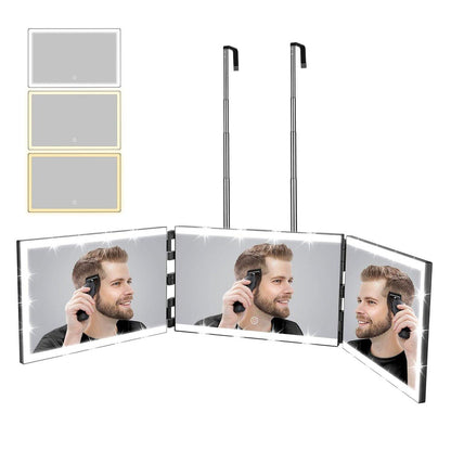XIGETRAIL Wiederaufladbarer 3-Wege-Spiegel für Selbsthaarschnitt mit 8 Lichtstreifen & Teleskophaken – Trifold Barbierspiegel für Make-up, Rasur, Flechten & Styling