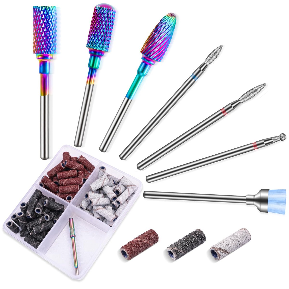 METHELIX Carbide Nail Drill Bits Set: 7-teiliges 3/32'' Tungsten-Diamant-Efile-Bits-Set mit 75 Schleifbändern (#80#120#180) für Acrylnägel, Gel, Nagelhautentfernung, Maniküre, Pediküre