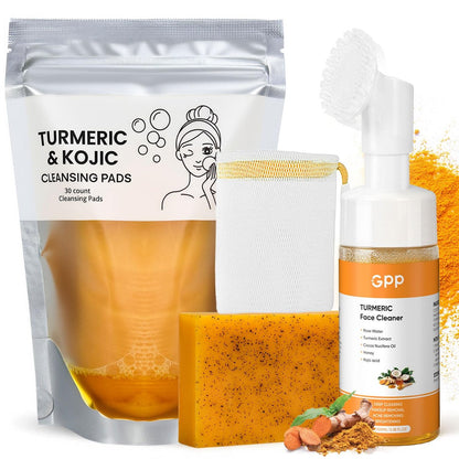 Turmeric Seife, Gesichtswaschschaum & Reinigungspads 30 Stk. Hautpflegeset – Glow Kurkuma für Gesicht & Körper, Zitronen-Kurkuma-Seife, Gesichtsreiniger-Schaum für die tägliche Reinigung, Kurkuma-Wasch- und Pflege-3-teiliges Set