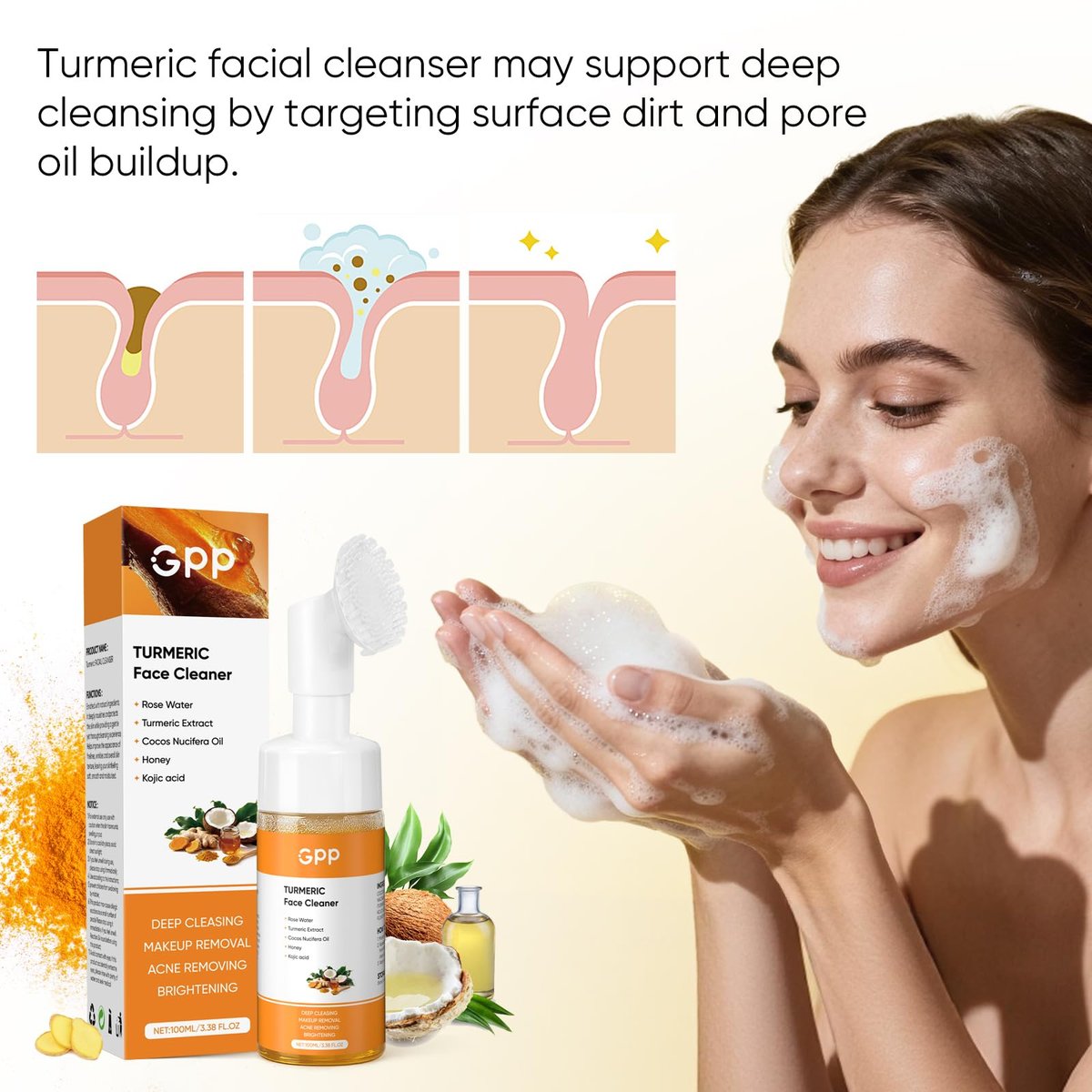 Turmeric Seife, Gesichtswaschschaum & Reinigungspads 30 Stk. Hautpflegeset – Glow Kurkuma für Gesicht & Körper, Zitronen-Kurkuma-Seife, Gesichtsreiniger-Schaum für die tägliche Reinigung, Kurkuma-Wasch- und Pflege-3-teiliges Set