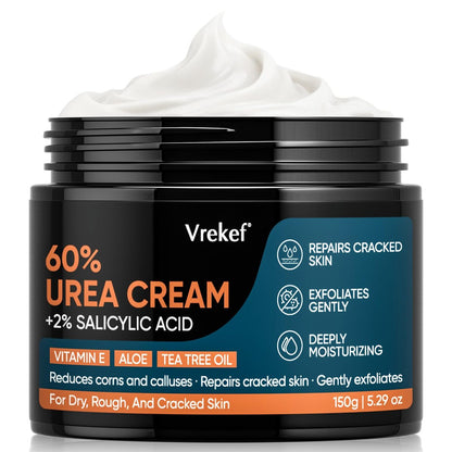 VREKEF Urea Creme 60% mit Salicylsäure 2% – Fußcreme für trockene, rissige Fersen und Hornhaut, maximale Stärke, 150 ml