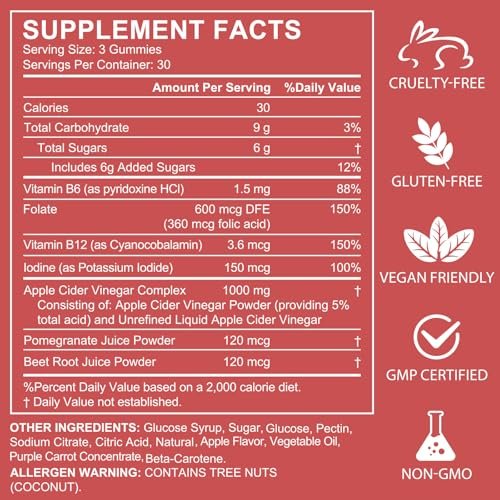 NIFEISHI Apfelessig Gummibärchen (1000 mg) mit Mutter, 90 Stück, mit Vitamin B6 & B12, Folsäure, Vegan, Non-GMO, Gluten- & Gelatinefrei