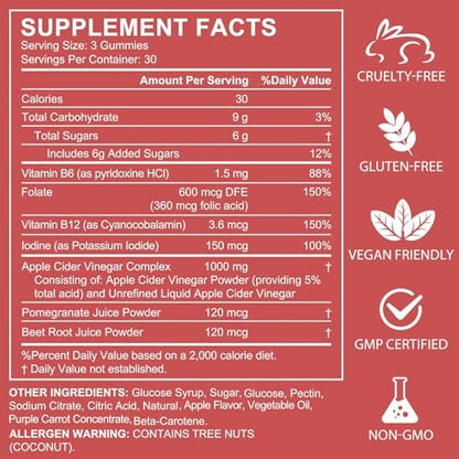 NIFEISHI Apfelessig Gummibärchen (1000 mg) mit Mutter, 90 Stück, mit Vitamin B6 & B12, Folsäure, Vegan, Non-GMO, Gluten- & Gelatinefrei