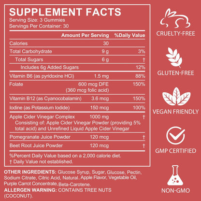 NIFEISHI Apfelessig Gummibärchen (1000 mg) mit Mutter, 90 Stück, mit Vitamin B6 & B12, Folsäure, Vegan, Non-GMO, Gluten- & Gelatinefrei
