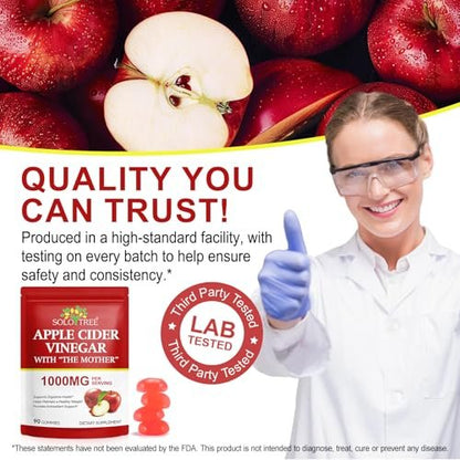 NIFEISHI Apfelessig Gummibärchen (1000 mg) mit Mutter, 90 Stück, mit Vitamin B6 & B12, Folsäure, Vegan, Non-GMO, Gluten- & Gelatinefrei