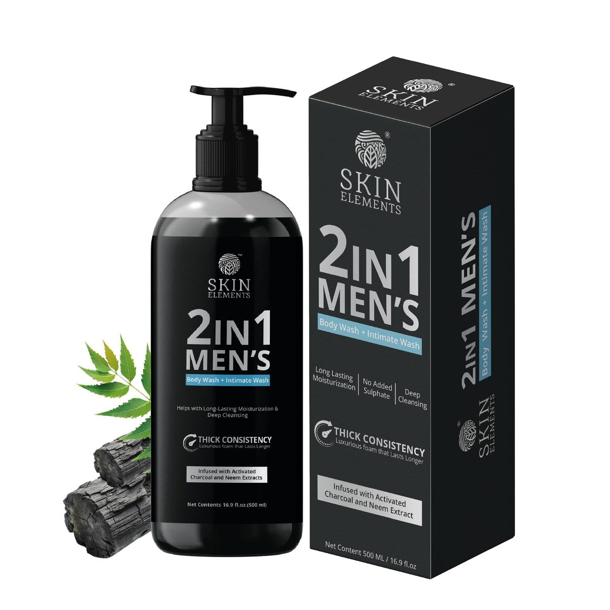 Skin Elements 2-in-1 Duschgel & Intimwaschgel für Männer | Tiefenreinigendes Duschgel mit Aktivkohle & Neem-Extrakten | Dickere Konsistenz | Kontrolliert Gerüche | Für alle Hauttypen | 500 ml