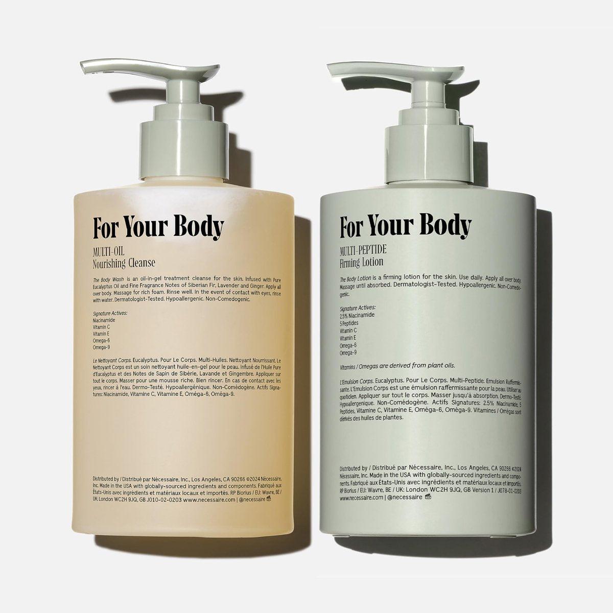 Nécessaire The Body Duo (Eucalyptus) Pflegeset für Damen + Herren – Duschgel 500 ml + Körperlotion 450 ml, Mehrfach-Öl Duschreiniger + Multi-Peptid Körperfeuchtigkeitscreme, nicht komedogen