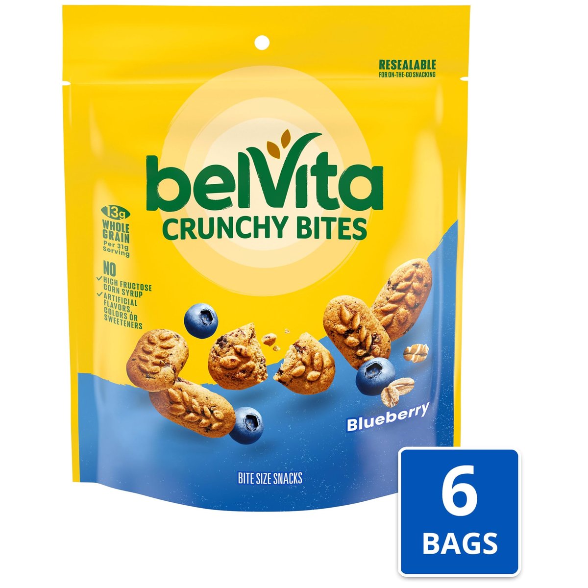 belVita Bissengröße Snacks, Blaubeer-Knusperhäppchen, 6 x 142g Beutel