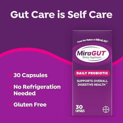 MiraGUT Tägliches Probiotikum – von den Machern von MiraLAX – Probiotika für die Verdauungsgesundheit – Glutenfreies Nahrungsergänzungsmittel – für Frauen und Männer – 30 Kapseln