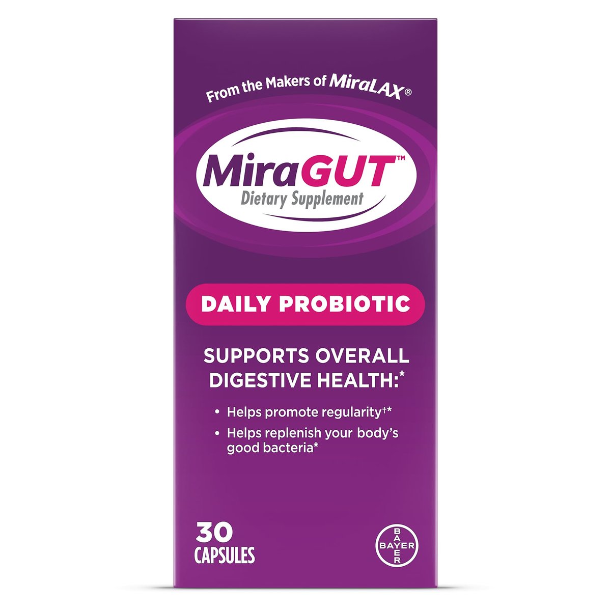 MiraGUT Tägliches Probiotikum – von den Machern von MiraLAX – Probiotika für die Verdauungsgesundheit – Glutenfreies Nahrungsergänzungsmittel – für Frauen und Männer – 30 Kapseln