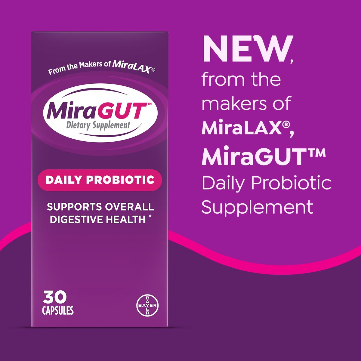 MiraGUT Tägliches Probiotikum – von den Machern von MiraLAX – Probiotika für die Verdauungsgesundheit – Glutenfreies Nahrungsergänzungsmittel – für Frauen und Männer – 30 Kapseln