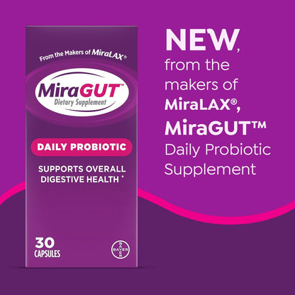 MiraGUT Tägliches Probiotikum – von den Machern von MiraLAX – Probiotika für die Verdauungsgesundheit – Glutenfreies Nahrungsergänzungsmittel – für Frauen und Männer – 30 Kapseln