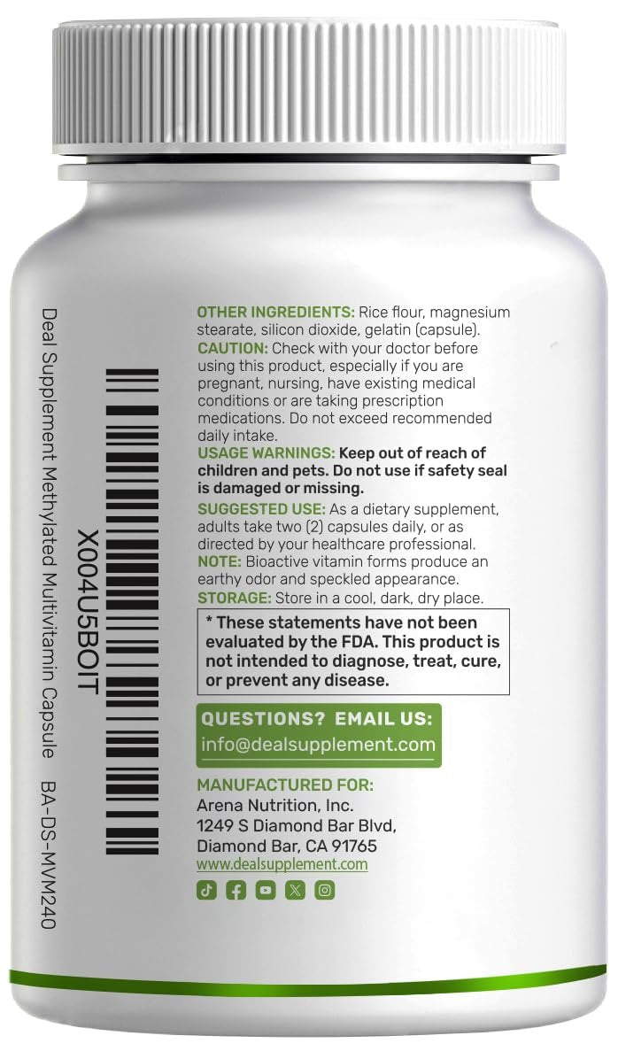 DEAL SUPPLEMENT Methylierte Multivitamine für Männer & Frauen, 240 Kapseln | 100% DV Vitamine & Mineralien | Aktivierter B-Komplex & Chelatmineralien, mit CoQ10, TMG & ALA | Non-GMO, cGMP hergestellt