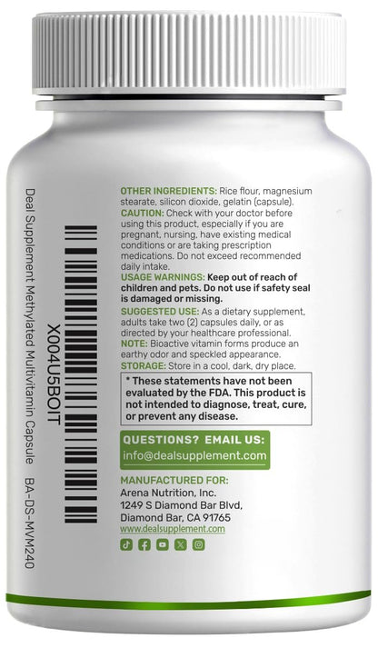 DEAL SUPPLEMENT Methylierte Multivitamine für Männer & Frauen, 240 Kapseln | 100% DV Vitamine & Mineralien | Aktivierter B-Komplex & Chelatmineralien, mit CoQ10, TMG & ALA | Non-GMO, cGMP hergestellt