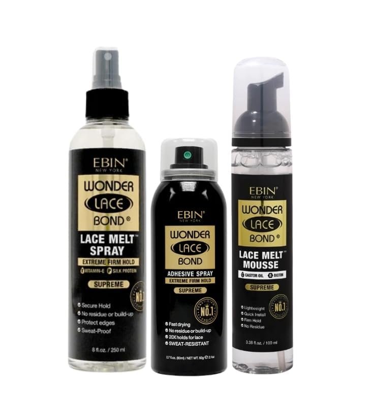 EBIN NEW YORK Melting Spray – Wonder Lace Bond LaceMelt Mini Supreme 8oz Bundle mit Wig Adhesive Spray Supreme 2.7oz und Lace Melt Mousse 3.38oz – Perückenstyling und Blending Geschenkset (3 Artikel)