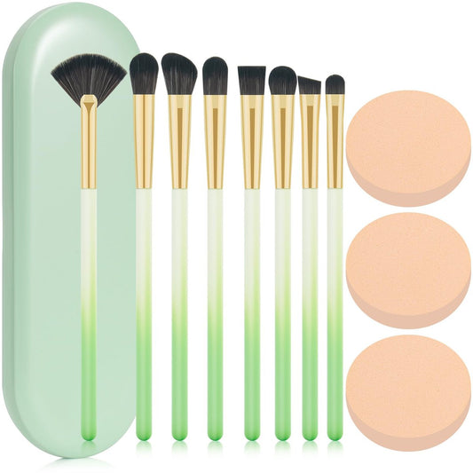 8-teiliges Augen-Make-up-Pinselset mit synthetischen Fasern, inkl. 3 Puderquasten und grüner Aufbewahrungsbox