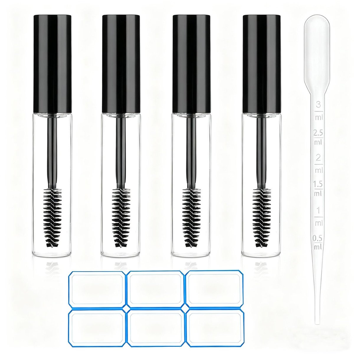 AskBed 4er-Pack leere Mascara-Tuben 10 ml – nachfüllbare, auslaufsichere Plastik-Mascara-Flaschen mit Wimpernbürste und Etiketten
