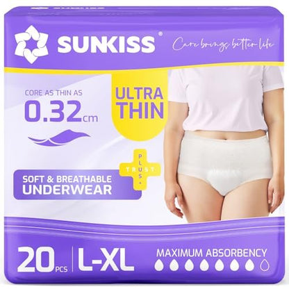 SUNKISS Ultradünne Inkontinenzunterwäsche für Damen, Hohe Saugfähigkeit & Super Weiche Wochenbettwindeln, Einweg- Erwachsenenwindeln, Ungedeckt, Large/XLarge, 20 Stück