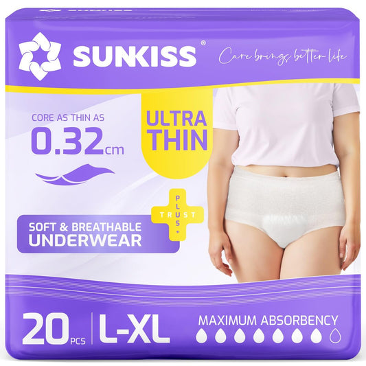 SUNKISS Ultradünne Inkontinenzunterwäsche für Damen, Hohe Saugfähigkeit & Super Weiche Wochenbettwindeln, Einweg- Erwachsenenwindeln, Ungedeckt, Large/XLarge, 20 Stück