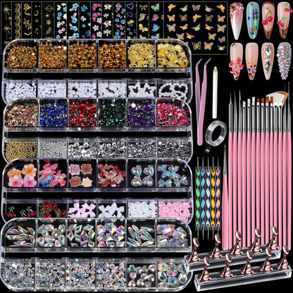 Teenitor 4er-Set Nagelverzierungen und Strasssteine, Nagelrhinestones-Set mit Nagelkunstpinseln, Nagelständer, Nageldesign-Werkzeugen mit 15 Nagelaufklebern, goldene Nagelperlen für Frauen