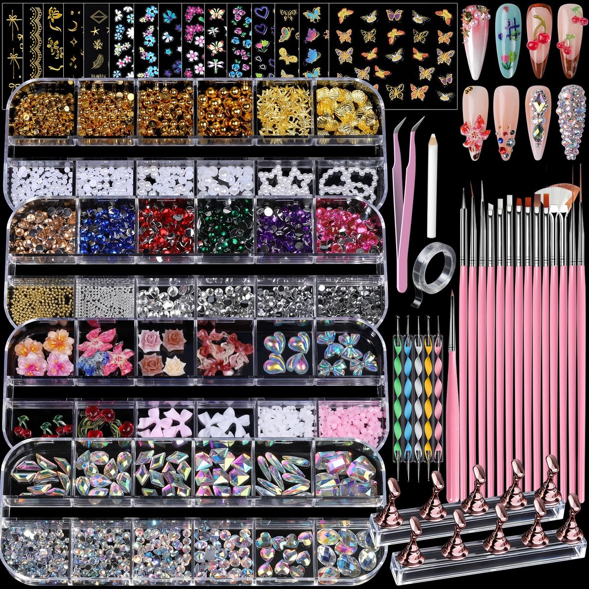 Teenitor 4er-Set Nagelverzierungen und Strasssteine, Nagelrhinestones-Set mit Nagelkunstpinseln, Nagelständer, Nageldesign-Werkzeugen mit 15 Nagelaufklebern, goldene Nagelperlen für Frauen
