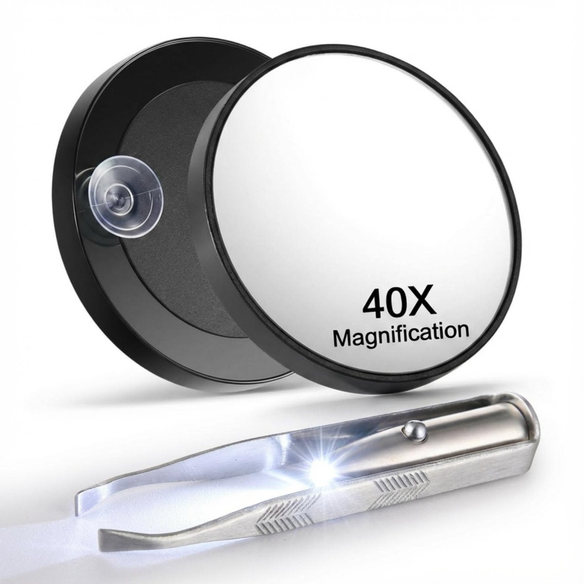 Ceoighe LED Pinzette mit Licht & 40X Vergrößerungsspiegel mit Saugnapf-Set, 2-in-1 Make-up-Spiegel mit Licht und Präzisionspinzette mit Beleuchtung