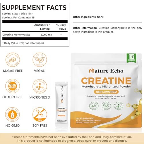 Nature Echo Creatin-Monohydrat mikronisiertes Pulver – 10 Einzelportionen 5g – geschmacksneutral, vegan, glutenfrei, zuckerfrei für Muskelwachstum