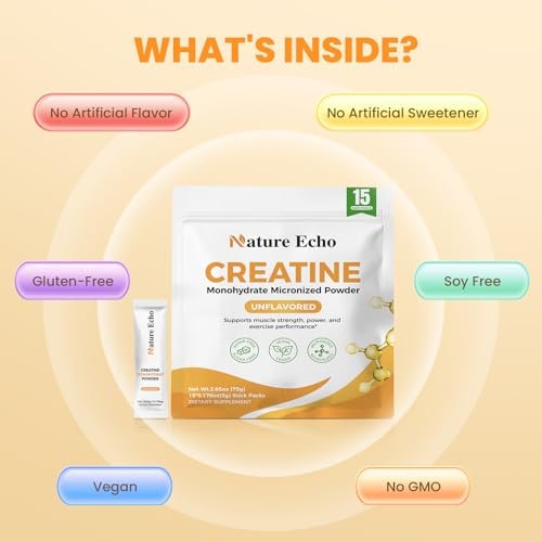 Nature Echo Creatin Monohydrat mikronisiertes Pulver – 15 Einzelportionen Reisebeutel 5g – Reines, ungewürztes Creatin für Männer & Frauen für Muskelwachstum, vegan, glutenfrei, zuckerfrei