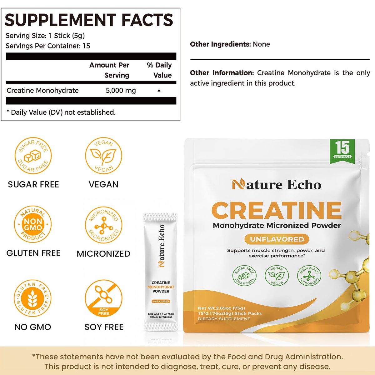 Nature Echo Creatin-Monohydrat mikronisiertes Pulver – 10 Einzelportionen 5g – geschmacksneutral, vegan, glutenfrei, zuckerfrei für Muskelwachstum