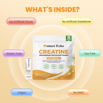 Nature Echo Creatin Monohydrat mikronisiertes Pulver – 15 Einzelportionen Reisebeutel 5g – Reines, ungewürztes Creatin für Männer & Frauen für Muskelwachstum, vegan, glutenfrei, zuckerfrei