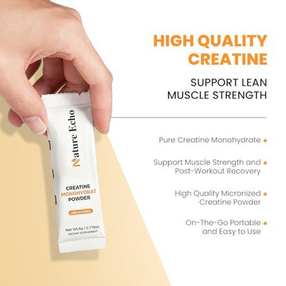 Nature Echo Creatin Monohydrat mikronisiertes Pulver – 15 Einzelportionen Reisebeutel 5g – Reines, ungewürztes Creatin für Männer & Frauen für Muskelwachstum, vegan, glutenfrei, zuckerfrei