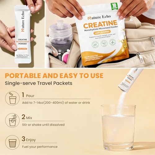 Nature Echo Creatin Monohydrat mikronisiertes Pulver – 15 Einzelportionen Reisebeutel 5g – Reines, ungewürztes Creatin für Männer & Frauen für Muskelwachstum, vegan, glutenfrei, zuckerfrei