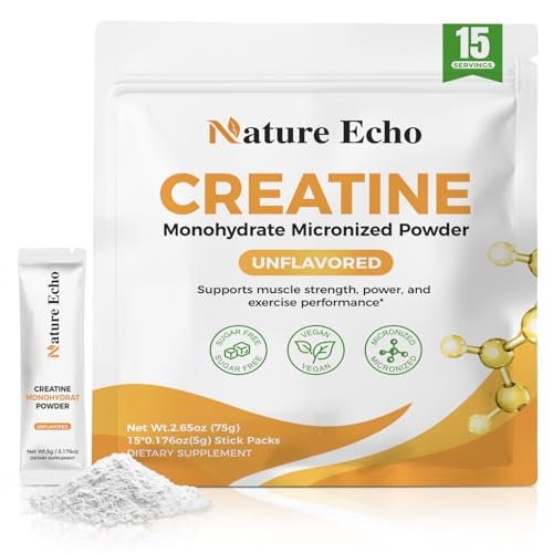 Nature Echo Creatin Monohydrat mikronisiertes Pulver – 15 Einzelportionen Reisebeutel 5g – Reines, ungewürztes Creatin für Männer & Frauen für Muskelwachstum, vegan, glutenfrei, zuckerfrei