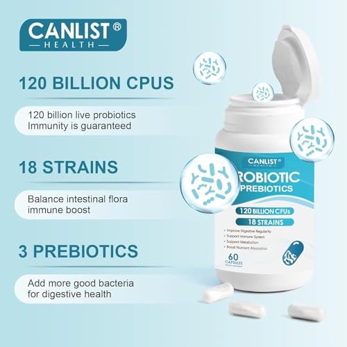 CANLIST Probiotika 120 Milliarden CFUs, 18 Stämme, 3 Präbiotika & Verdauungsenzyme für Männer und Frauen, Verdauungs- & Immununterstützung, haltbar, nicht gentechnisch verändert, 120 Kapseln