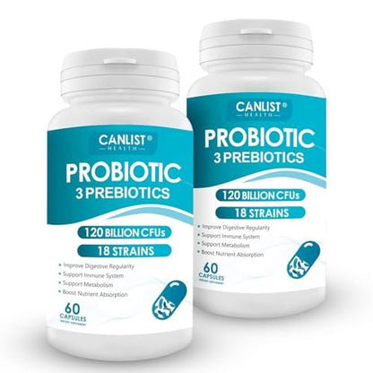 CANLIST Probiotika 120 Milliarden CFUs, 18 Stämme, 3 Präbiotika & Verdauungsenzyme für Männer und Frauen, Verdauungs- & Immununterstützung, haltbar, nicht gentechnisch verändert, 120 Kapseln