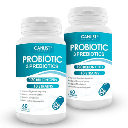 CANLIST Probiotika 120 Milliarden CFUs, 18 Stämme, 3 Präbiotika & Verdauungsenzyme für Männer und Frauen, Verdauungs- & Immununterstützung, haltbar, nicht gentechnisch verändert, 120 Kapseln