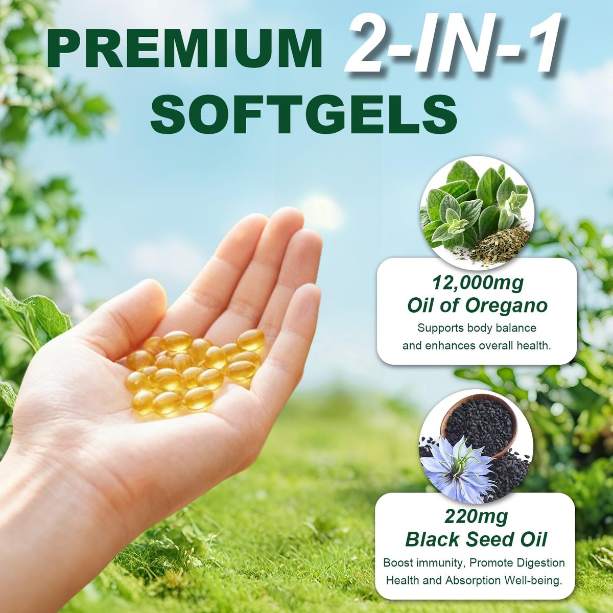 Keszciy 150 Softgels Öl aus Oregano mit Schwarzkümmelöl, 2-in-1 Oregano-Präparat für die Immunabwehr, mit hohem Gehalt an Carvacrol & Thymochinon, Non-GMO, 1 Packung