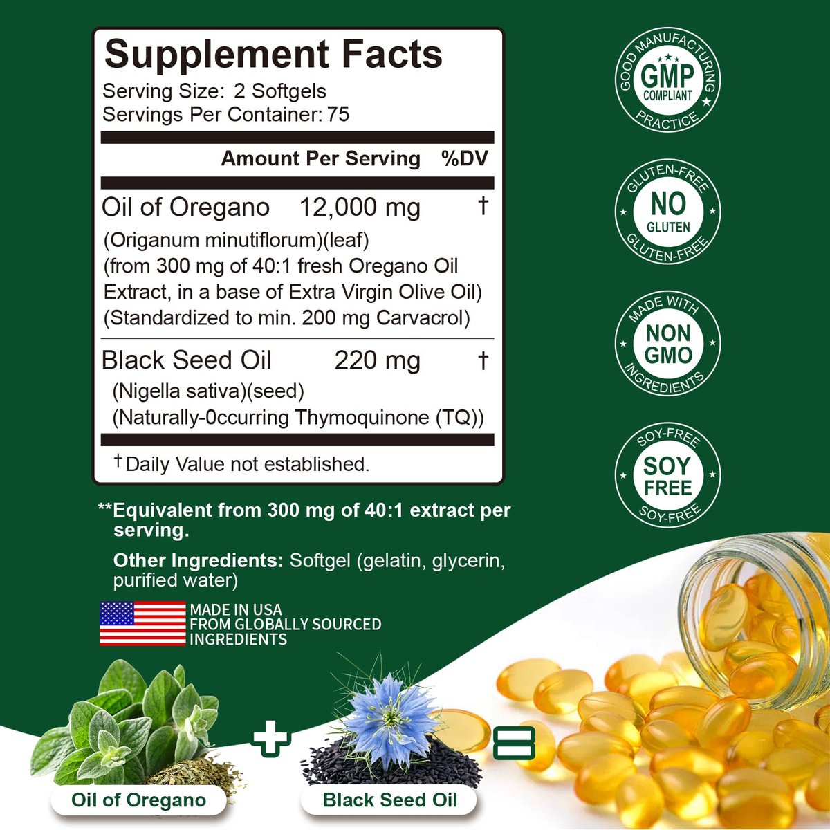 Keszciy 150 Softgels Öl aus Oregano mit Schwarzkümmelöl, 2-in-1 Oregano-Präparat für die Immunabwehr, mit hohem Gehalt an Carvacrol & Thymochinon, Non-GMO, 1 Packung