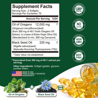 Keszciy 150 Softgels Öl aus Oregano mit Schwarzkümmelöl, 2-in-1 Oregano-Präparat für die Immunabwehr, mit hohem Gehalt an Carvacrol & Thymochinon, Non-GMO, 1 Packung